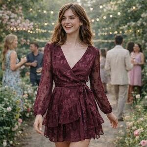 Lulus Burgundy Embroidered Faux-wrap Mini Dress Sz M Ruffle Whimsigoth Fairycore